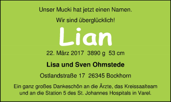 Babyanzeige von Lian  von Nordwest-Zeitung