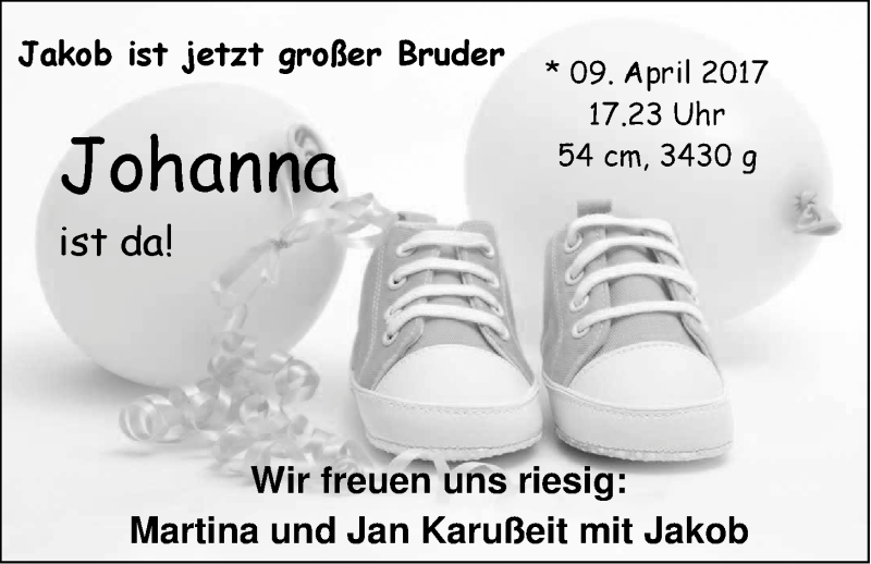 Anzeige für Johanna Karußeit vom 22.04.2017 aus Nordwest-Zeitung