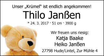 Babyanzeige von Thilo Janßen von Nordwest-Zeitung