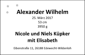 Babyanzeige von Alexander Wilhelm Küpker von Nordwest-Zeitung