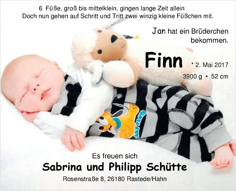 Anzeige für Finn Schütte vom 27.05.2017 aus Nordwest-Zeitung
