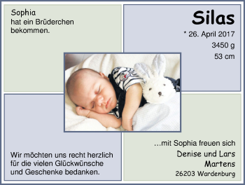 Babyanzeige von Silas Martens von Nordwest-Zeitung