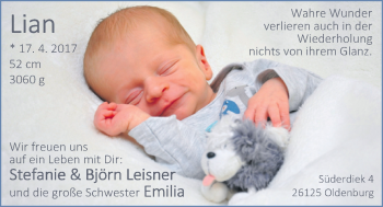 Babyanzeige von Lian Leisner von Nordwest-Zeitung
