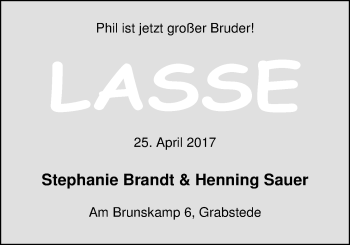 Babyanzeige von Lasse  von Nordwest-Zeitung