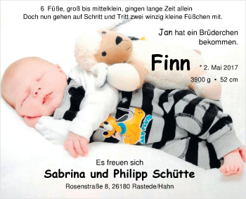 Babyanzeige von Finn Schütte von Nordwest-Zeitung