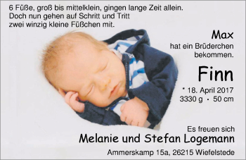 Babyanzeige von Finn Logemann von Nordwest-Zeitung