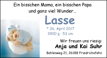 Babyanzeige von Lasse Suhr von Nordwest-Zeitung