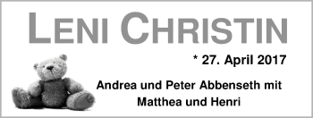 Babyanzeige von Leni Christin Abbenseth von Nordwest-Zeitung