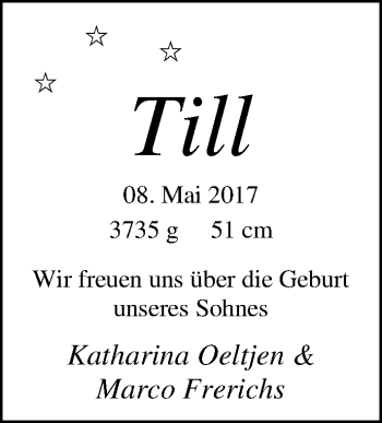 Babyanzeige von Till  von Nordwest-Zeitung