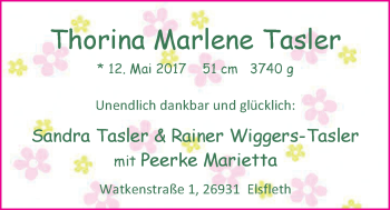 Babyanzeige von Thorina Marlene Tasler von Nordwest-Zeitung
