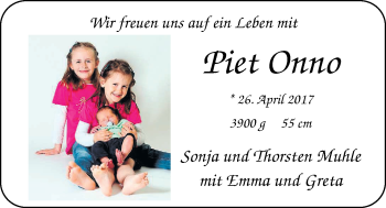 Babyanzeige von Piet Onno Muhle von Nordwest-Zeitung