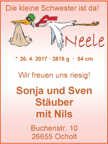 Babyanzeige von Neele Stäuber von Nordwest-Zeitung
