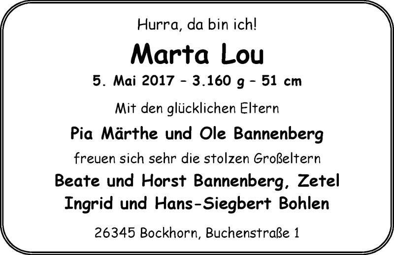 Anzeige für Marta Lou Bannenberg vom 27.05.2017 aus Nordwest-Zeitung