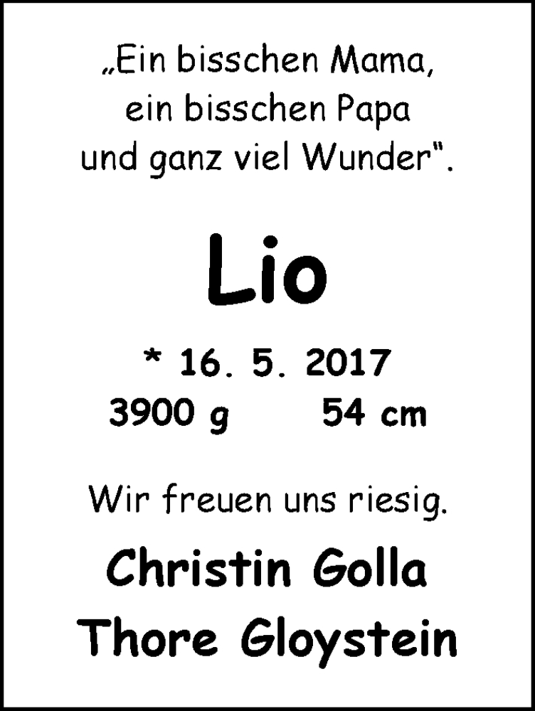Anzeige für Lio  vom 27.05.2017 aus Nordwest-Zeitung