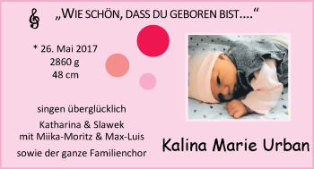Babyanzeige von Kalina Marie Urban von Nordwest-Zeitung