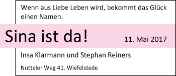 Babyanzeige von Sina Klarmann von Nordwest-Zeitung