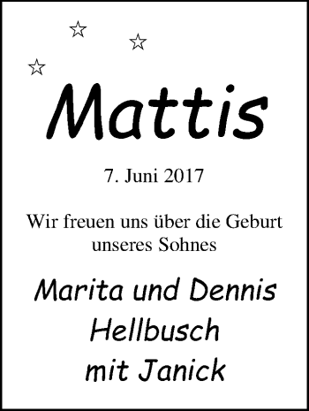 Babyanzeige von Mattis Hellbusch von Nordwest-Zeitung