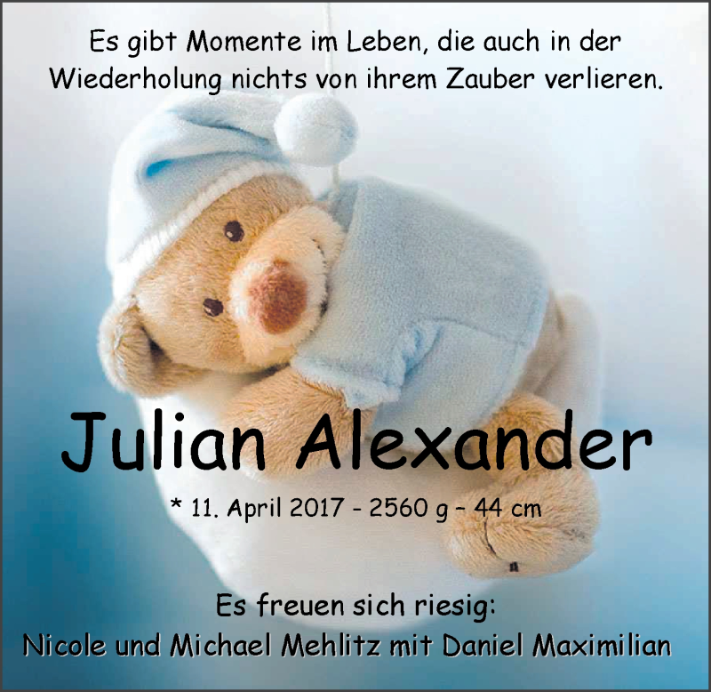 Anzeige für Julian Alexander Mehlitz vom 03.06.2017 aus Nordwest-Zeitung