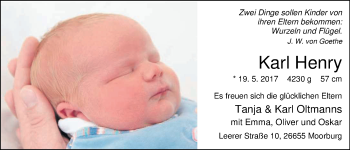 Babyanzeige von Karl Henry  von Nordwest-Zeitung