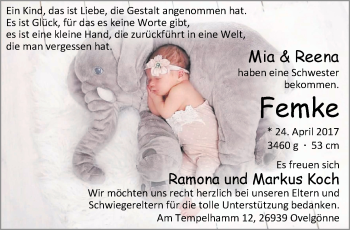 Babyanzeige von Femke Koch von Nordwest-Zeitung