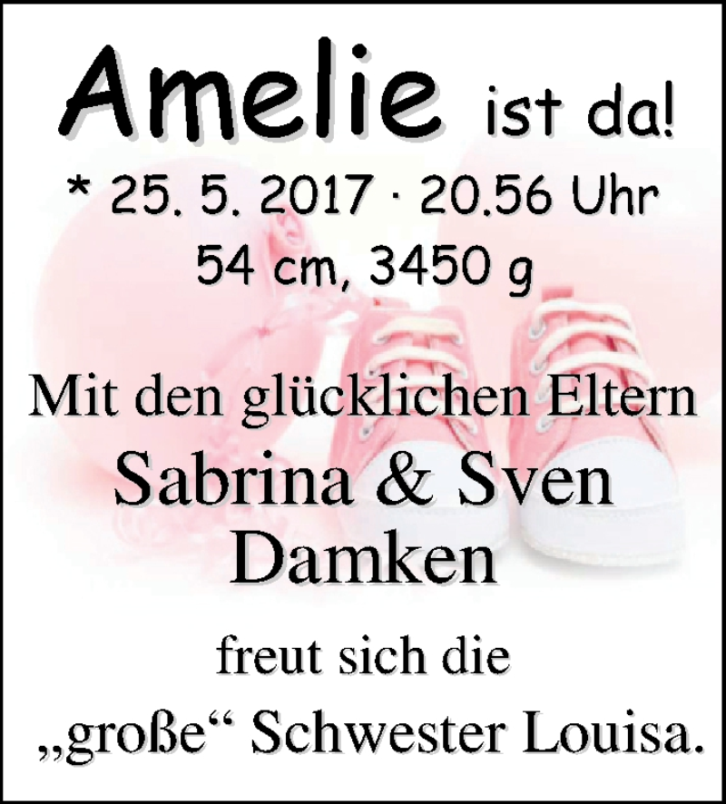 Anzeige für Amelie Damken vom 03.06.2017 aus Nordwest-Zeitung