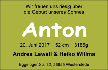Babyanzeige von Anton Willms von Nordwest-Zeitung