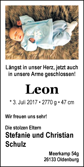 Babyanzeige von Leon Schulz von Nordwest-Zeitung