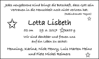 Babyanzeige von Lotta Lisbeth Reimers von Nordwest-Zeitung