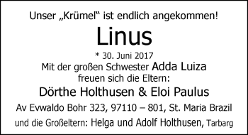 Babyanzeige von Linus Holthusen von Nordwest-Zeitung
