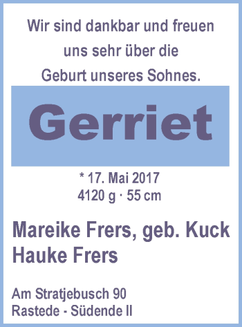 Babyanzeige von Gerriet Frers von Nordwest-Zeitung