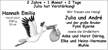 Babyanzeige von Hannah Emilia  von Nordwest-Zeitung