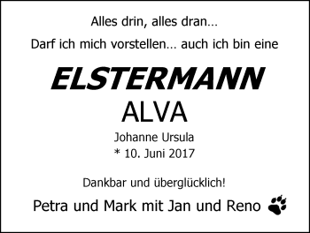Babyanzeige von Alva Johanne Ursula Elstermann von Nordwest-Zeitung