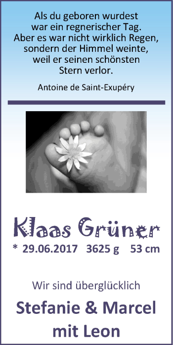 Babyanzeige von Klaas Grüner von Nordwest-Zeitung