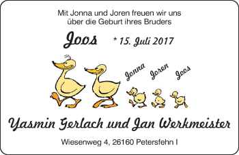 Babyanzeige von Joos  von Nordwest-Zeitung