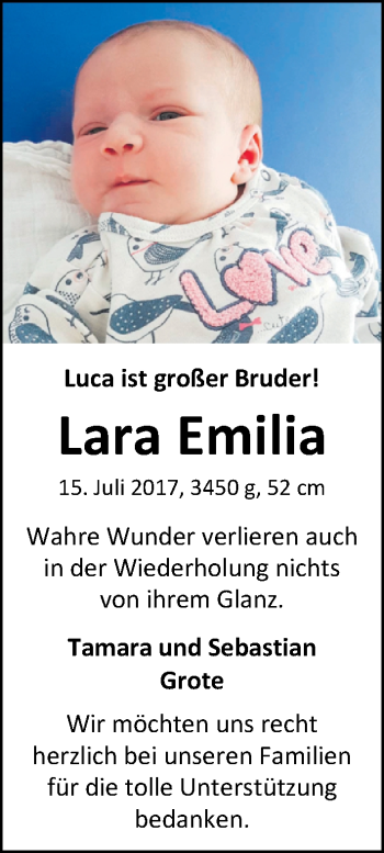 Babyanzeige von Lara Emilia  von Nordwest-Zeitung