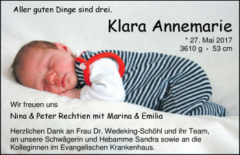 Babyanzeige von Klara Annemarie Rechtien von Nordwest-Zeitung