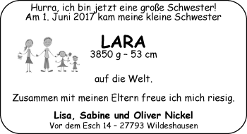 Babyanzeige von Lara  von Nordwest-Zeitung