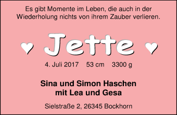 Babyanzeige von Jette  von Nordwest-Zeitung