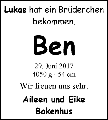 Babyanzeige von Ben  von Nordwest-Zeitung