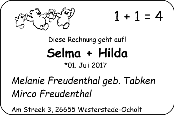 Babyanzeige von Selma und Hilda Freudenthal von Nordwest-Zeitung