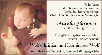 Babyanzeige von Aurelie Florence Wolf von Nordwest-Zeitung