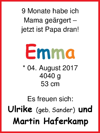 Babyanzeige von Emma Haferkamp von Nordwest-Zeitung