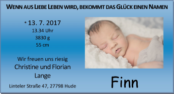 Babyanzeige von Finn Lange von Nordwest-Zeitung