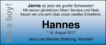 Babyanzeige von Hannes Stiebling von Nordwest-Zeitung