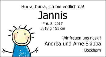 Babyanzeige von Jannis Skibba von Nordwest-Zeitung