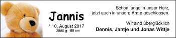 Babyanzeige von Jannis Wittje von Nordwest-Zeitung