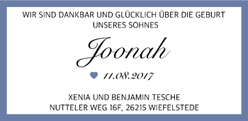 Babyanzeige von Joonah Tesche von Nordwest-Zeitung
