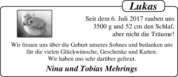 Babyanzeige von Lukas Mehrings von Nordwest-Zeitung