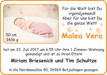 Babyanzeige von Malea Vera Schultze von Nordwest-Zeitung