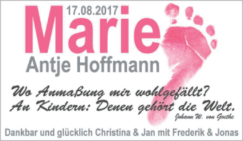 Babyanzeige von Marie Antje Hoffmann von Nordwest-Zeitung